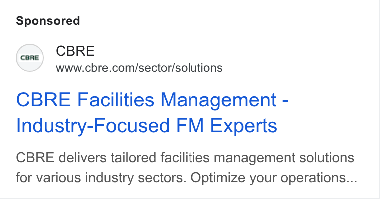 CBRE Group ad on Google Ads: CBRE Facilities Management - Industry-Focused FM Experts CBRE delivers tailored facilities management solutions for various industry sectors. Optimize your operations...