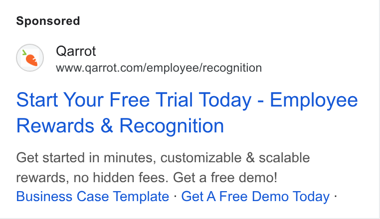 Qarrot ad on Google Ads: Start Your Free Trial Today - Employee Rewards & Recognition Get started in minutes, customizable & scalable rewards, no hidden fees. Get a free demo! Business Case Template - Get A Free Demo Today -