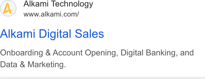 Alkami Technology ad on Google Ads: Alkami Digital Sales Onboarding & Account Opening, Digital Banking, and Data & Marketing.
