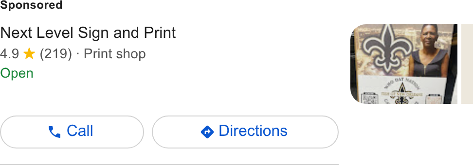 Linktree ad on Google Ads: Next Level Sign and Print 4.9 ¥% (219) - Print shop Open