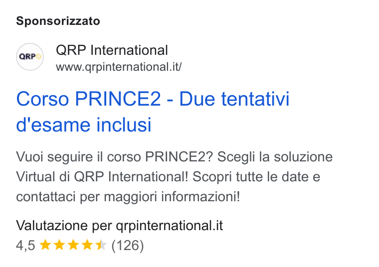 aNewSpring ad on Google Ads: Sponsorizzato Corso PRINCE2 - Due tentativi d'esame inclusi Vuoi seguire il corso PRINCE2? Scegli la soluzione Virtual di QRP International! Scopri tutte le date e contattaci per maggiori informazioni! Valutazione per qrpinternational.it 4,5 &k& k K (126)