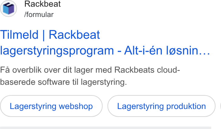 Rackbeat ad on Google Ads: S Rackbeat /formular Tilmeld | Rackbeat lagerstyringsprogram - Alt-i-éen I@snin... Fa overblik over dit lager med Rackbeats cloud- baserede software til lagerstyring. Lagerstyring webshop Lagerstyring produktion } |
