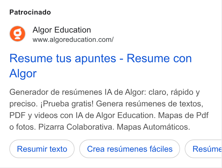 Algor ad on Google Ads: Patrocinado Resume tus apuntes - Resume con Algor Generador de restmenes IA de Algor: claro, rapido y preciso. j Prueba gratis! Genera resumenes de textos, PDF y videos con IA de Algor Education. Mapas de Pdf o fotos. Pizarra Colaborativa. Mapas Automaticos. Resumir texto Crea resumenes faciles Resdume