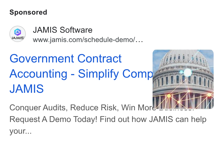 JAMIS Software ad on Google Ads: Government Contract Accounting - Simplify Comp; Conquer Audits, Reduce Risk, Win Moré42.8Uai0 0. Request A Demo Today! Find out how JAMIS can help your...
