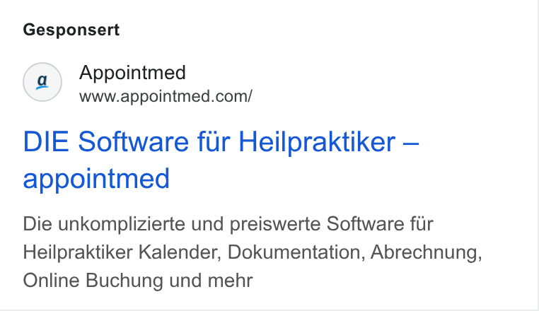appointmed ad on Google Ads: Gesponsert DIE Software fur Heilpraktiker — appointmed Die unkomplizierte und preiswerte Software fur Heilpraktiker Kalender, Dokumentation, Abrechnung, Online Buchung und mehr