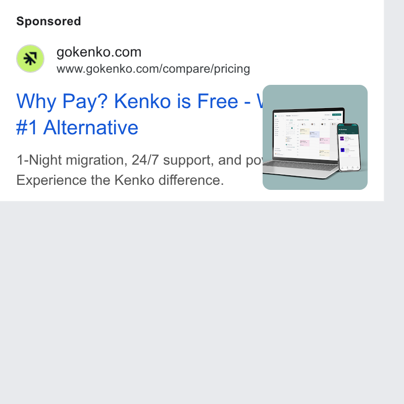 Kenko AI ad on Google Ads: www.gokenko.com/compare/pricing Why Pay? Kenko is Free - #1 Alternative 1-Night migration, 24/7 support, and pog Experience the Kenko difference.