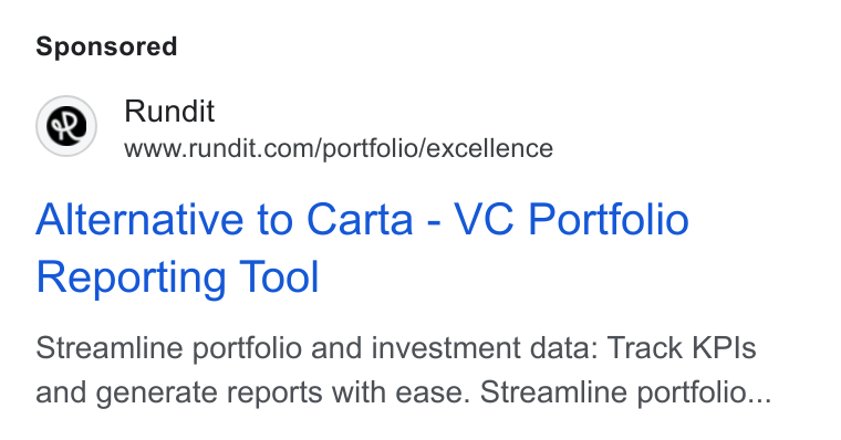 Rundit ad on Google Ads: Alternative to Carta - VC Portfolio Reporting Tool Streamline portfolio and investment data: Track KPIs and generate reports with ease. Streamline portfolio...