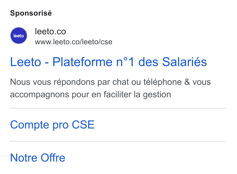Leeto ad on Google Ads: www.leeto.co/leeto/cse Leeto - Plateforme n°1 des Salariés Nous vous répondons par chat ou téléphone & vous accompagnons pour en faciliter la gestion Compte pro CSE Notre Offre