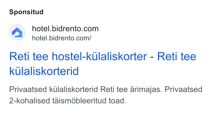 Bidrento ad on Google Ads: hotel.bidrento.com/ Reti tee hostel-kulaliskorter - Reti tee kulaliskorterid Privaatsed kulaliskorterid Reti tee arimajas. Privaatsed 2-kohalised taismobleeritud toad.