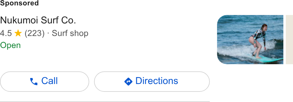 FareHarbor ad on Google Ads: Nukumoi Surf Co. 4.5 * (223) - Surf shop Open