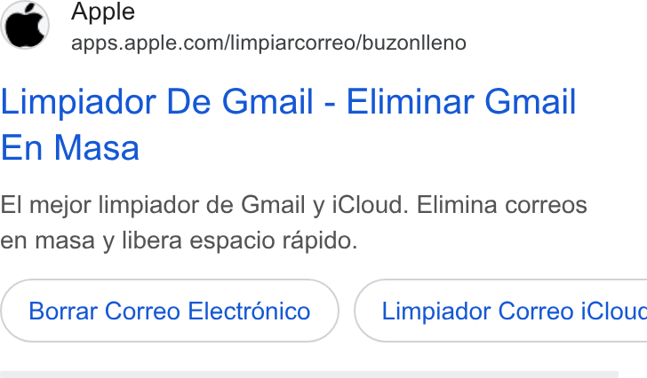 Apple ad on Google Ads: Limpiador De Gmail - Eliminar Gmail En Masa El mejor limpiador de Gmail y i Cloud. Elimina correos en masa y libera espacio rapido. Borrar Correo Electronico } ( Limpiador Correo i Clouc