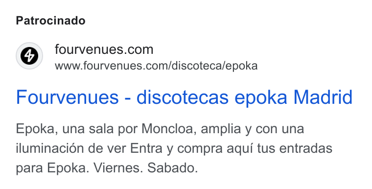 Fourvenues ad on Google Ads: www.fourvenues.com/discoteca/epoka Fourvenues - discotecas epoka Madrid Epoka, una sala por Moncloa, amplia y con una iluminacién de ver Entra y compra aqui tus entradas para Epoka. Viernes. Sabado.