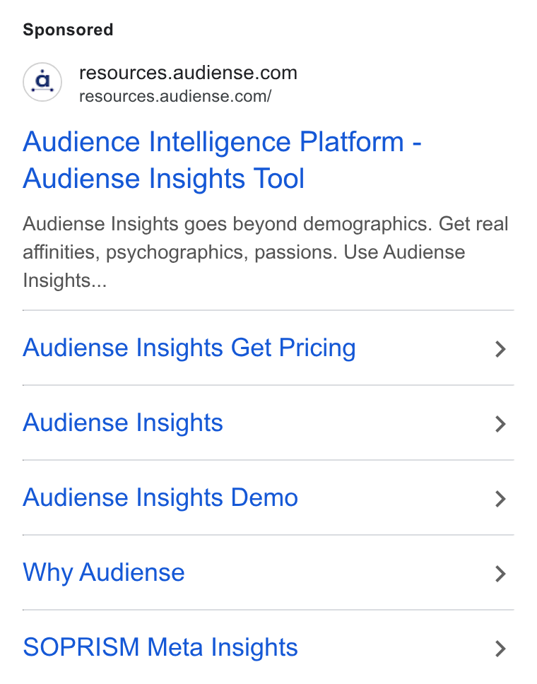 Audiense ad on Google Ads: resources.audiense.com/ Audience Intelligence Platform - Audiense Insights Tool Audiense Insights goes beyond demographics. Get real affinities, psychographics, passions. Use Audiense Insights... Audiense Insights Get Pricing > Audiense Insights > Audiense Insights Demo > Why Audiense > SOPRISM Meta Insights >