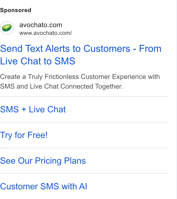 Avochato ad on Google Ads: www.avochato.com/ Send Text Alerts to Customers - From Live Chat to SMS Create a Truly Frictionless Customer Experience with SMS and Live Chat Connected Together. SMS + Live Chat Try for Free! See Our Pricing Plans Customer SMS with Al