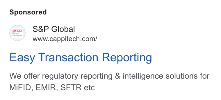 Cappitech ad on Google Ads: Easy Transaction Reporting We offer regulatory reporting & intelligence solutions for Mi FID, EMIR, SFTR etc