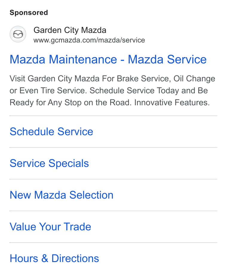 Xtime ad on Google Ads: Mazda Maintenance - Mazda Service Visit Garden City Mazda For Brake Service, Oil Change or Even Tire Service. Schedule Service Today and Be Ready for Any Stop on the Road. Innovative Features. Schedule Service Service Specials New Mazda Selection Value Your Trade Hours & Directions