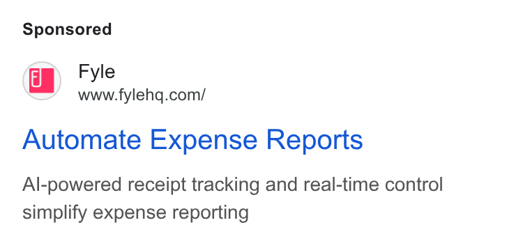 Fyle ad on Google Ads: Automate Expense Reports Al-powered receipt tracking and real-time control simplify expense reporting