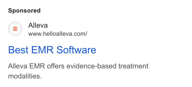 Alleva ad on Google Ads: Best EMR Software Alleva EMR offers evidence-based treatment modalities.