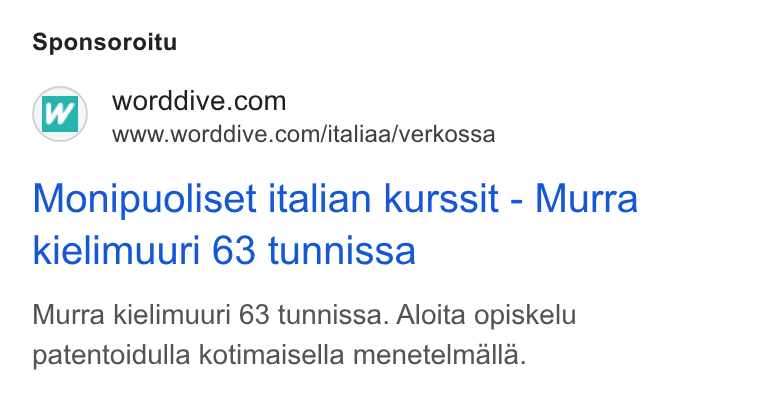 WordDive ad on Google Ads: www.worddive.com/italiaa/verkossa Monipuoliset italian kurssit - Murra kielimuuri 63 tunnissa Murra kielimuuri 63 tunnissa. Aloita opiskelu patentoidulla kotimaisella menetelmalla.