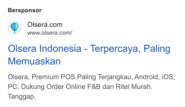 Olsera ad on Google Ads: www.olsera.com/ Olsera Indonesia - Terpercaya, Paling Memuaskan Olsera, Premium POS Paling Terjangkau. Android, i OS, PC. Dukung Order Online F& B dan Ritel Murah. Tanggap.