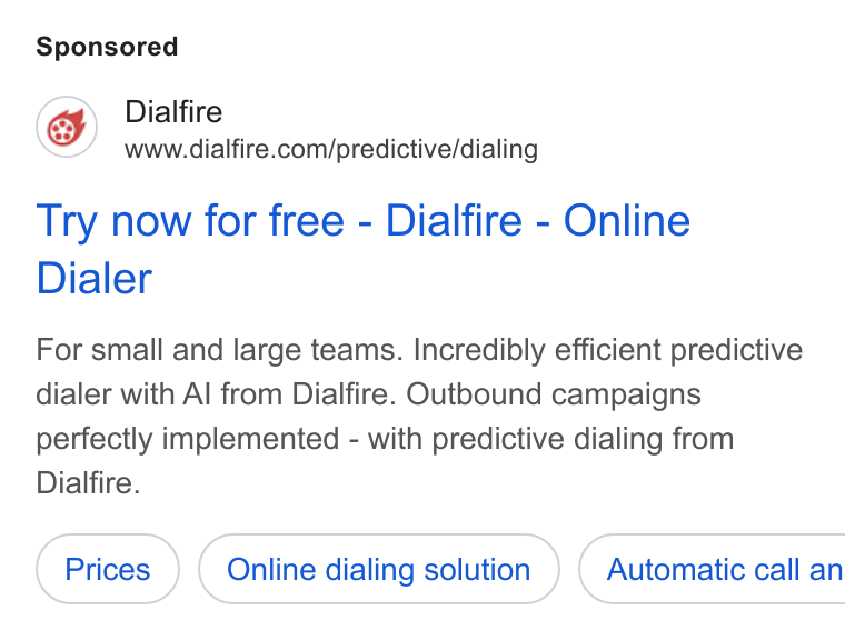 Appointlet ad on Google Ads: Try now for free - Dialfire - Online Dialer For small and large teams. Incredibly efficient predictive dialer with Al from Dialfire. Outbound campaigns perfectly implemented - with predictive dialing from Dialfire. Online dialing solution ) ( Automatic call an