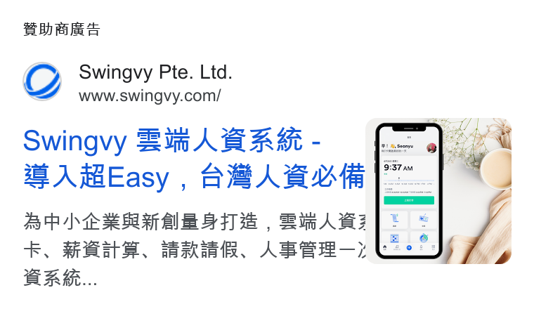 Swingvy ad on Google Ads: Sa eies 28 Easy , BABU |. PPP al BS Te , Simw ARZ | ts +. SHH, RR, Ame; (EL BRK...