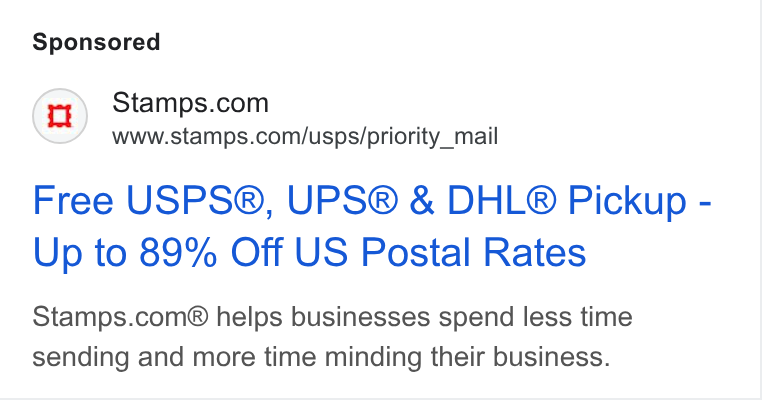 Stamps.com ad on Google Ads: www.stamps.com/usps/priority_mail Free USPS®, UPS® & DHL® Pickup - Up to 89% Off US Postal Rates Stamps.com® helps businesses spend less time sending and more time minding their business.