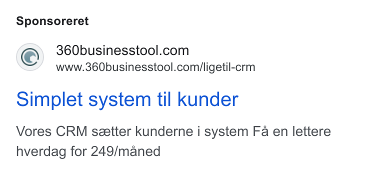 360 Business Tool ad on Google Ads: www.360businesstool.com/ligetil-crm Simplet system til kunder Vores CRM seetter kunderne i system Fa en lettere hverdag for 249/maned