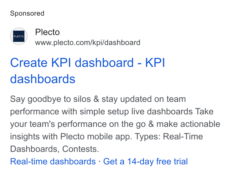 Plecto ad on Google Ads: Create KPI dashboard - KPI dashboards Say goodbye to silos & stay updated on team performance with simple setup live dashboards Take your team's performance on the go & make actionable insights with Plecto mobile app. Types: Real-Time Dashboards, Contests. Real-time dashboards - Get a 14-day free trial