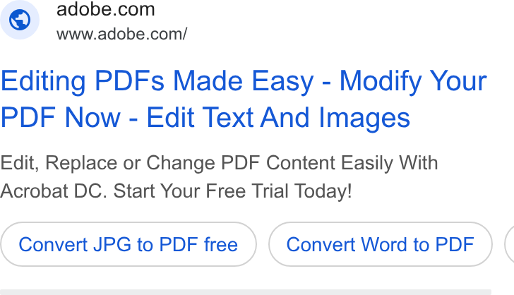 Adobe ad on Google Ads: www.adobe.com/ Editing PDFs Made Easy - Modify Your PDF Now - Edit Text And Images Edit, Replace or Change PDF Content Easily With Acrobat DC. Start Your Free Trial Today! Convert JPG to PDF free ) JPG to ( Convert JPG to PDF free ) free ( Convert Word to PDF ) Word to PDF ( Convert Word to PDF ) (
