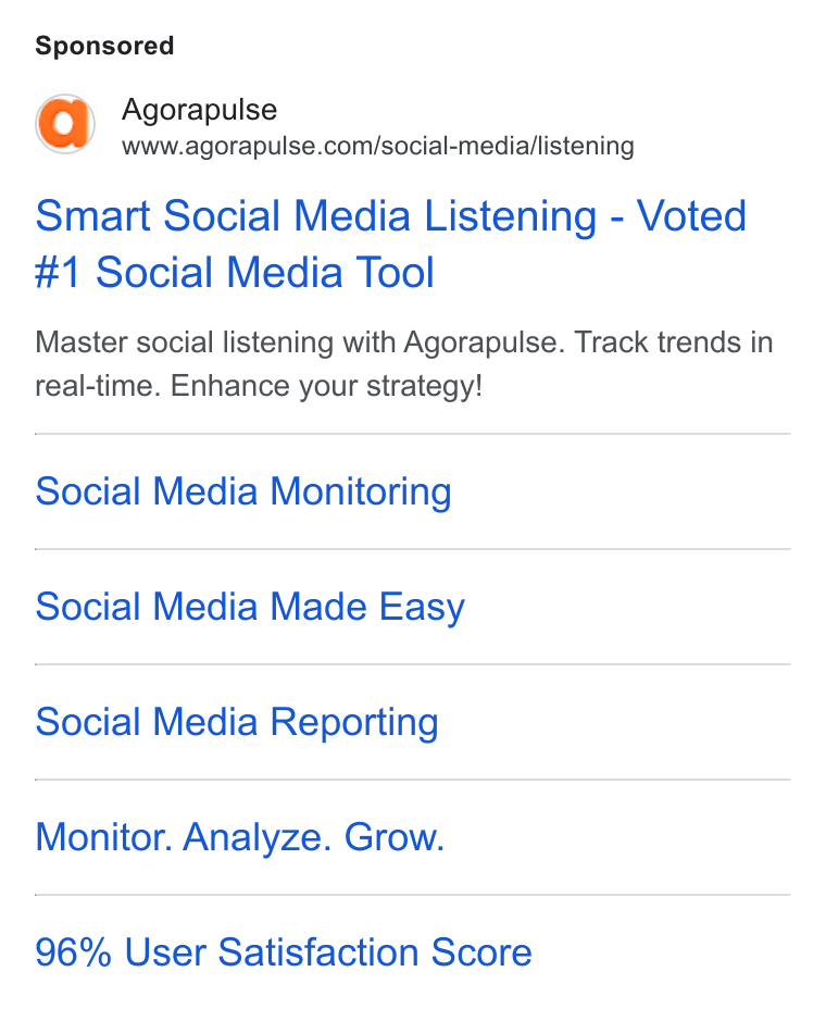 Agorapulse ad on Google Ads: Smart Social Media Listening - Voted #1 Social Media Tool Master social listening with Agorapulse. Track trends in real-time. Enhance your strategy! Social Media Monitoring Social Media Made Easy Social Media Reporting Monitor. Analyze. Grow. 96% User Satisfaction Score