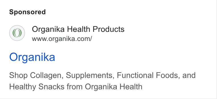 ClickGuard ad on Google Ads: Organika Shop Collagen, Supplements, Functional Foods, and Healthy Snacks from Organika Health
