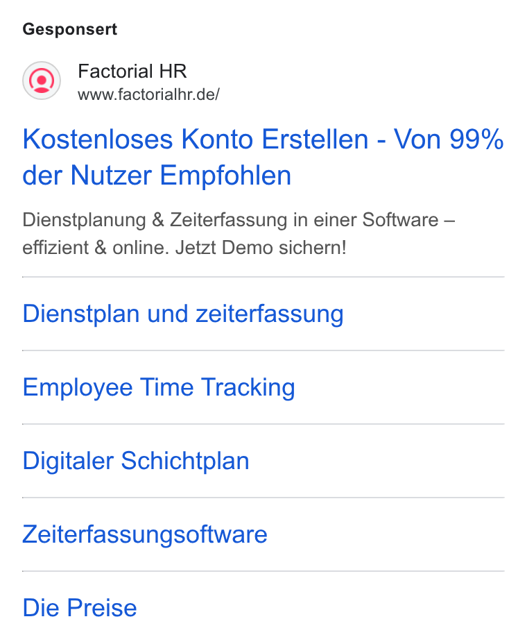 Factorial ad on Google Ads: Gesponsert Kostenloses Konto Erstellen - Von 99% der Nutzer Empfohlen Dienstplanung & Zeiterfassung in einer Software — effizient & online. Jetzt Demo sichern! Dienstplan und zeiterfassung Employee Time Tracking Digitaler Schichtplan Zeiterfassungsoftware Die Preise