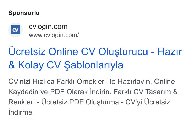 cvlogin ad on Google Ads: www.cvlogin.com/ Ucretsiz Online CV Olusturucu - Hazir Kolay CV Sablonlartiyla CV'nizi Hizlica Farkli Ornekleri ile Hazirlayin, Online Kaydedin ve PDF Olarak indirin. Farkli CV Tasarim & Renkleri - Ucretsiz PDF Olusturma - CV'yi Ucretsiz indirme