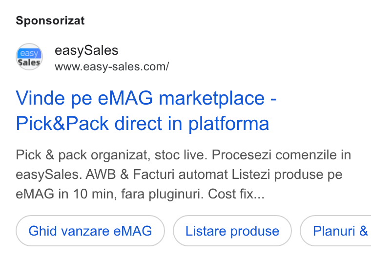 easySales Global ad on Google Ads: Sponsorizat Vinde pe e MAG marketplace - Pick& Pack direct in platforma Pick & pack organizat, stoc live. Procesezi comenzile in easy Sales. AWB & Facturi automat Listezi produse pe e MAG in 10 min, fara pluginuri. Cost fix... Ghid vanzare e MAG Listare produse }) ( Planuri &