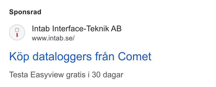 Upsales ad on Google Ads: Sponsrad Kop dataloggers fran Comet Testa Easyview gratis i 30 dagar