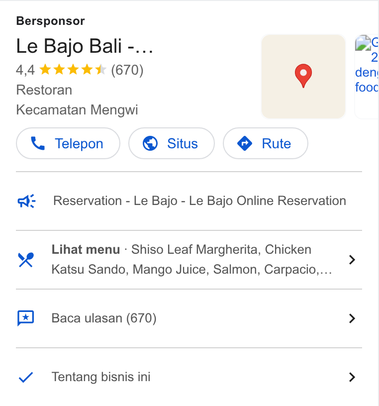 SevenRooms ad on Google Ads: Bersponsor Le Bajo Bali -... os 4,4 %& 0k & & (670) 9 den: Restoran fooc Kecamatan Mengwi Telepon }( © Situs }( @ Rute } Reservation - Le Bajo - Le Bajo Online Reservation Lihat menu - Shiso Leaf Margherita, Chicken Katsu Sando, Mango Juice, Salmon, Carpacio,... Baca ulasan (670) > Tentang bisnis ini >