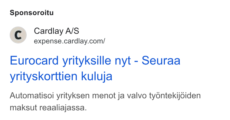 Cardlay ad on Google Ads: Sponsoroitu Eurocard yrityksille nyt - Seuraa yrityskorttien kuluja Automatisoi yrityksen menot ja valvo tyontekijdiden maksut reaaliajassa.