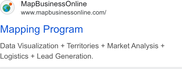 MapBusinessOnline ad on Google Ads: Mapping Program Data Visualization + Territories + Market Analysis + Logistics + Lead Generation.