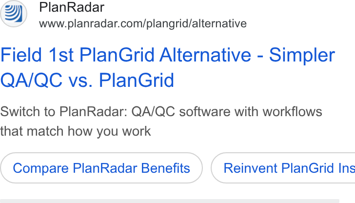 PlanRadar ad on Google Ads: Field 1st Plan Grid Alternative - Simpler QA/QC vs. Plan Grid Switch to Plan Radar: QA/QC software with workflows that match how you work Compare Plan Radar Benefits }) ( Reinvent Plan Grid Ins