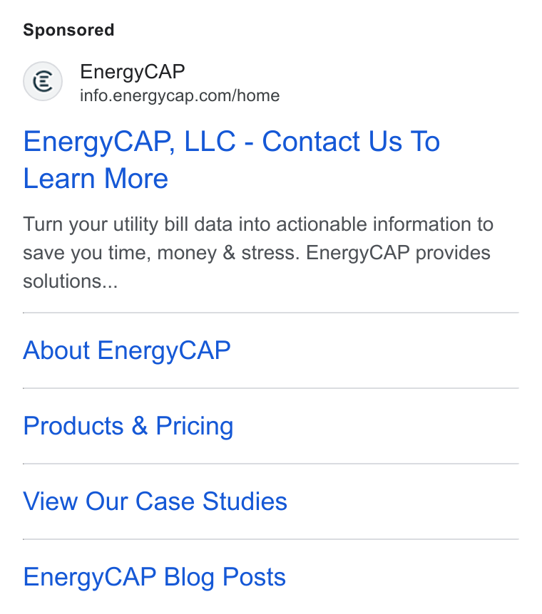 Wattics ad on Google Ads: Energy CAP, LLC - Contact Us To Learn More Turn your utility bill data into actionable information to save you time, money & stress. Energy CAP provides solutions... About Energy CAP Products & Pricing View Our Case Studies Energy CAP Blog Posts