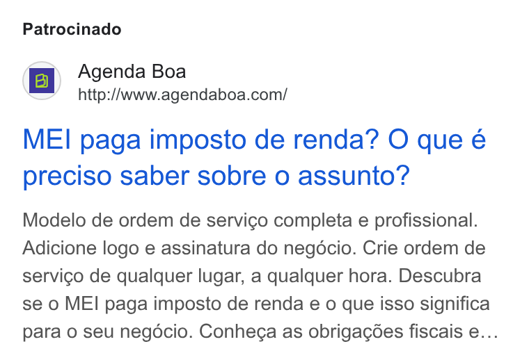 Agenda Boa ad on Google Ads: Patrocinado MEI paga imposto de renda? O que é preciso saber sobre o assunto? Modelo de ordem de servi¢go completa e profissional. Adicione logo e assinatura do negocio. Crie ordem de servico de qualquer lugar, a qualquer hora. Descubra se o MEI paga imposto de renda e o que isso significa para o seu negocio. Conhega as obrigac¢oes fiscais e...