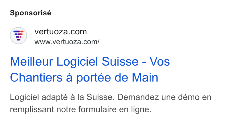 Vertuoza ad on Google Ads: www.vertuoza.com/ Meilleur Logiciel Suisse - Vos Chantiers a portee de Main Logiciel adapté a la Suisse. Demandez une démo en remplissant notre formulaire en ligne.