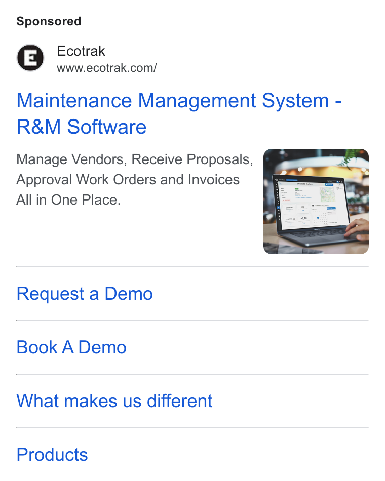 Ecotrak ad on Google Ads: Maintenance Management System - R& M Software Manage Vendors, Receive Proposals, Approval Work Orders and Invoices All in One Place. Request a Demo Book A Demo What makes us different Products