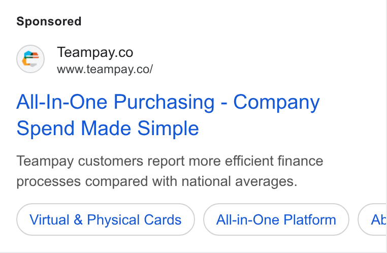 Teampay ad on Google Ads: www.teampay.co/ All-In-One Purchasing - Company Spend Made Simple Teampay customers report more efficient finance processes compared with national averages. Virtual & Physical Cards All-in-One Platform Ak