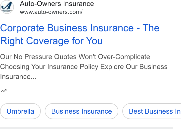 Auto-Owners Insurance ad on Google Ads: Corporate Business Insurance - The Right Coverage for You Our No Pressure Quotes Won't Over-Complicate Choosing Your Insurance Policy Explore Our Business Insurance... nw Umbrella Business Insurance }) ( Best Business In