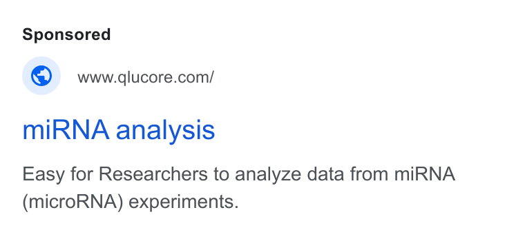 Qlucore ad on Google Ads: mi RNA analysis Easy for Researchers to analyze data from mi RNA (micro RNA) experiments.