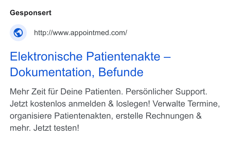 appointmed ad on Google Ads: Elektronische Patientenakte — Dokumentation, Befunde Mehr Zeit fur Deine Patienten. Persdénlicher Support. Jetzt kostenlos anmelden & loslegen! Verwalte Termine, organisiere Patientenakten, erstelle Rechnungen & mehr. Jetzt testen!