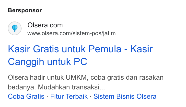 Olsera ad on Google Ads: www.olsera.com/sistem-pos/jatim Kasir Gratis untuk Pemula - Kasir Canggih untuk PC Olsera hadir untuk UMKM, coba gratis dan rasakan bedanya. Mudahkan transaksi... Coba Gratis - Fitur Terbaik - Sistem Bisnis Olsera