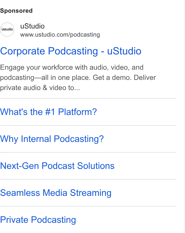 uStudio ad on Google Ads: Corporate Podcasting - u Studio Engage your workforce with audio, video, and podcasting—all in one place. Get a demo. Deliver private audio & video to... What's the #1 Platform? Why Internal Podcasting? Next-Gen Podcast Solutions Seamless Media Streaming Private Podcasting
